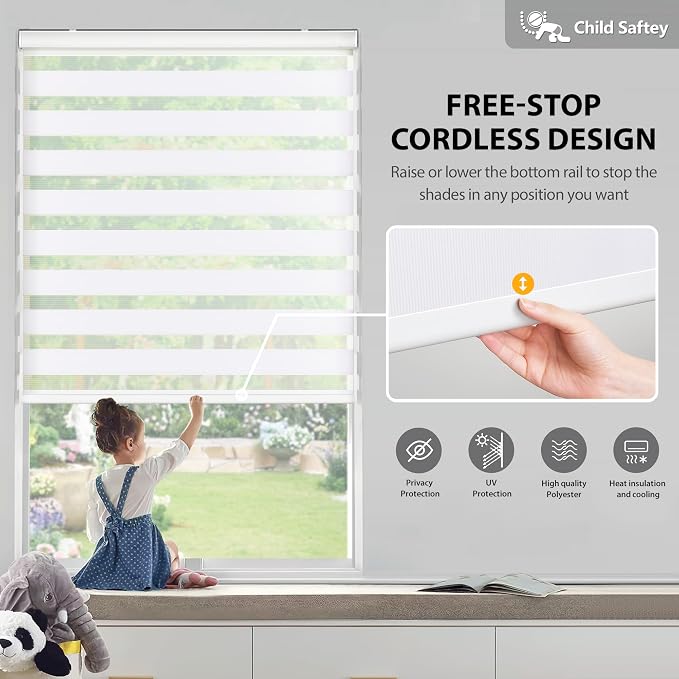 LazBlinds Cordless Zebra Blinds for Windows 26"x72", White | Free-Stop Roller Windows Shades with Cassette, Light Filtering Dual Layer Sheer Shades for Home and Office