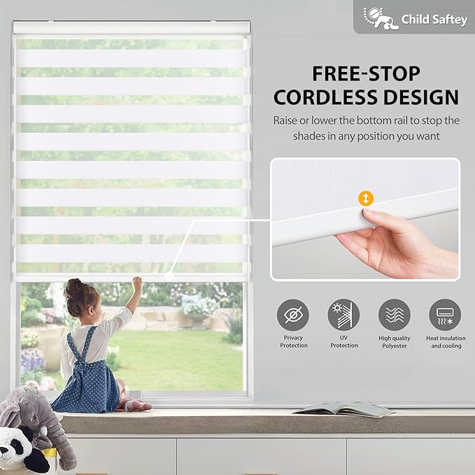 LazBlinds Cordless Zebra Blinds for Windows 29.5"x72", White | Free-Stop Roller Windows Shades with Cassette, Light Filtering Dual Layer Sheer Shades for Home and Office