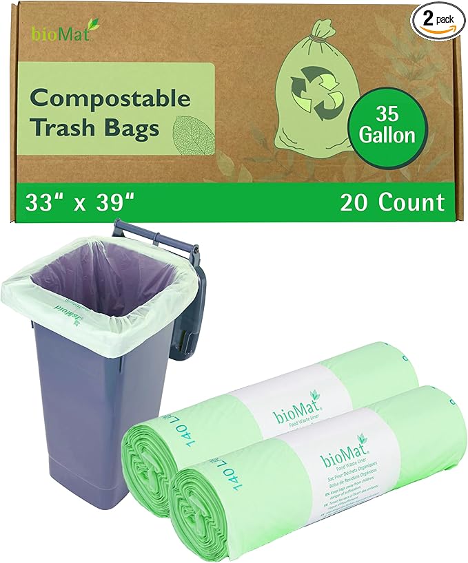 bioMat Compostable Trash Bags 35 Gallon, 20 Count, Tall flat top Kitchen Food Scrap Bin Liners, BPI, CMA and OK Compost HOME certified, Meets the ASTM D6400 Standard