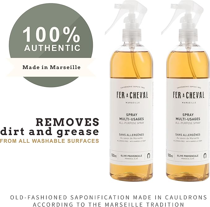 Fer à Cheval Versatile Marseille All-Purpose Spray Cleaner - Natural Provençal Olive Scent, Allergen-Free, 99% Natural Ingredients, 500 ml/16.9 fl oz (2-Pack)
