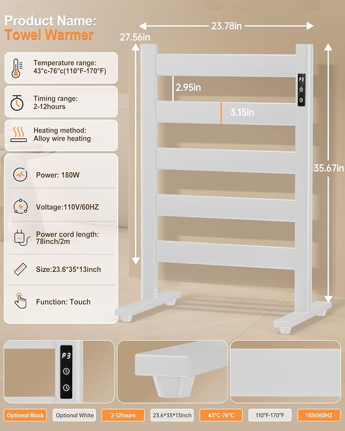 5-Bar Freestanding Towel Warmer, Adjustable Temperature 110–170°F, Timer and Auto Shut-Off, Fast Heating in 10 Minutes, Durable Space Aluminum, Wide Bars, Matte White for Bathroom and Spa