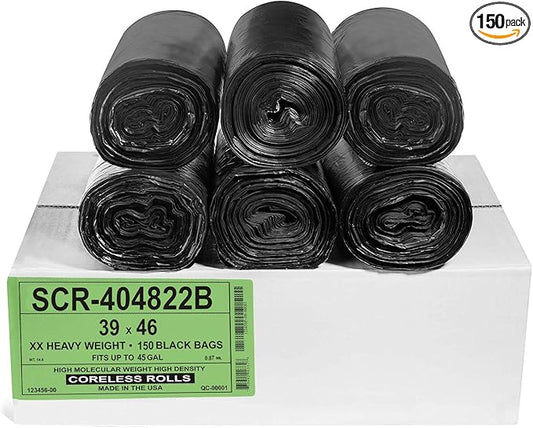 Aluf Plastics 45 Gallon 22 Micron (eq) Black Trash Bags - 39" x 46" - Pack of 150 - For Home, Office, & Bathroom
