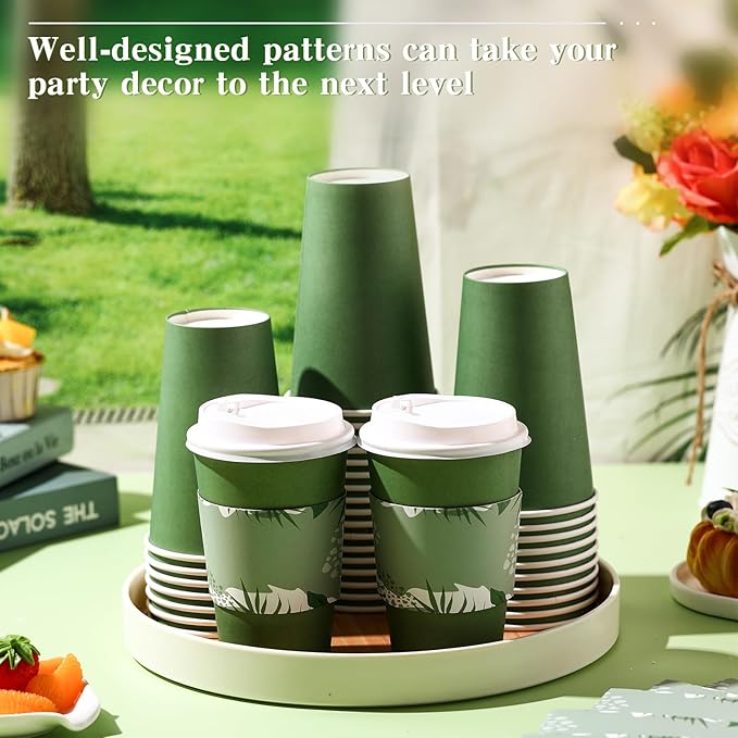 Zopeal 50 Pack Dark Green 12 oz Disposable Coffee Cups with Lids and Sleeves, Paper Hot Travel Cups for Beverages, Wedding, Baby Shower, Office and Party Supplies