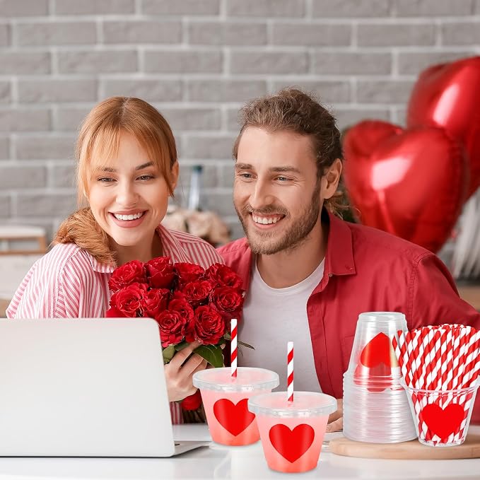 Whaline 100 Pcs 9 Oz Valentine's Day Disposable Plastic Cups with Lids and Straws Red Heart Cold Beverage Valentine Love Heart Drinking Cups Iced Coffee Juice Tea Cup for Wedding Whiskey Party Favors