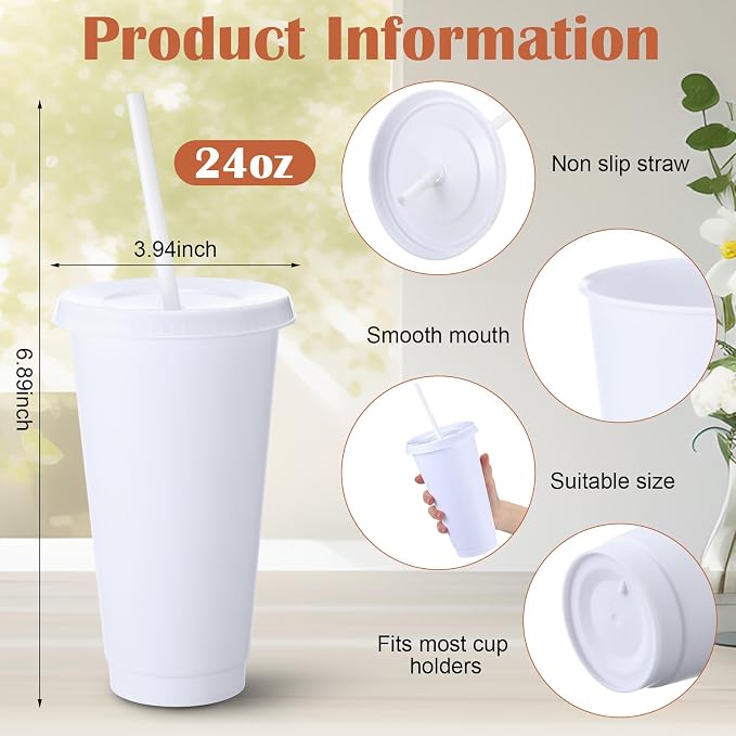 Honeydak 30 Pack Tumbler with Straw and Lid Bulk Cups for Gifts Water Bottle Iced Coffee Travel Mug Cup Reusable Plastic Tumblers for Party Birthdays 24-27 oz (White Color)