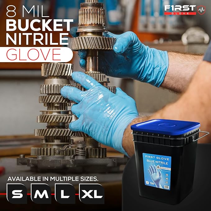 First Glove Nitrile 8 Mil Bucket Fully Textured Blue Gloves - Heavy Duty Gloves for Industrial & Automotive Work 500ct