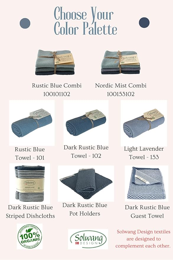 Solwang 3-Piece Danish Cotton Dishcloths in 100% Certified Organic Cotton Made in India (Nordic Mist Organic Combi)