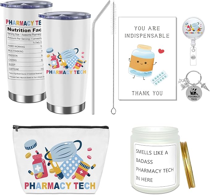 6Pcs Pharmacy Technician Appreciation Gifts Include Cup Portable Cosmetic Bag Badge Keychain Aromatherapy Thank You Card Pharmacy Technician Accessories for Doctors Nurses Week Gift Supplies