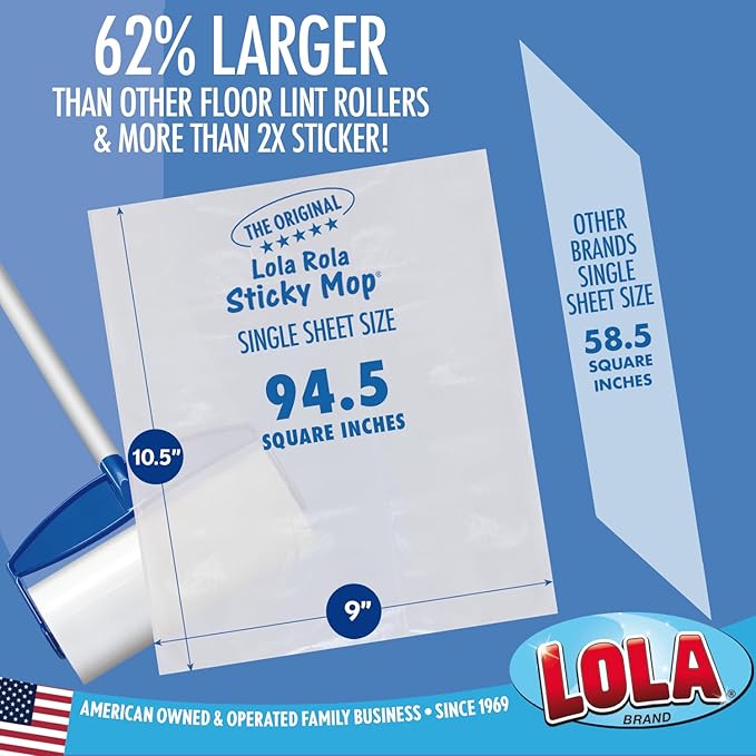 LOLA Rola Sticky Mop Refills, Giant Adhesive Roller, 180 Sheets, Traps Dirt, Dust & Hair, Pet Hair Remover, Floor & Carpet Cleaner, 6 Pack