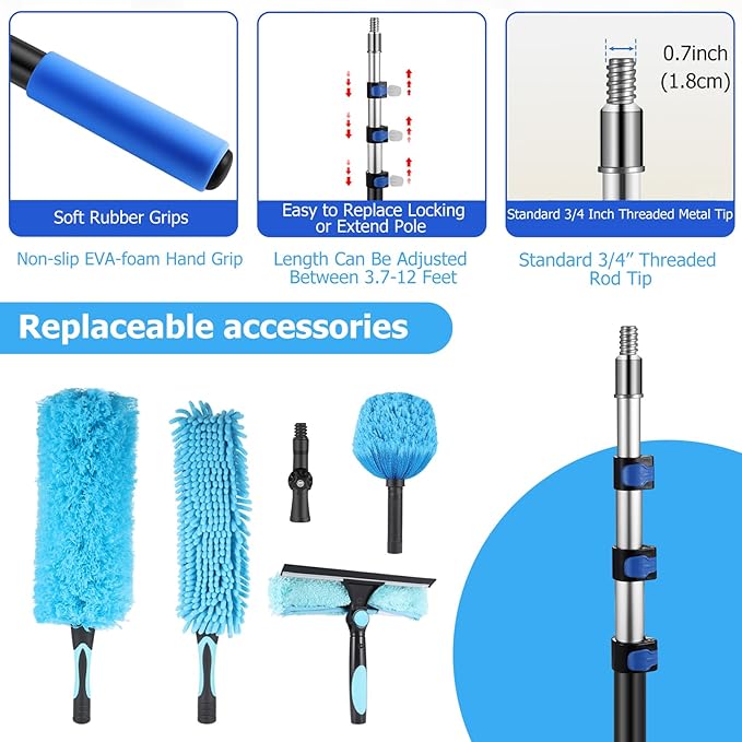 20 Foot High Reach Ceiling Duster Kit 3.6-12ft Extendable Pole with Cobweb Duster,Ceiling Fan Duster,Window Squeegee and Scrubber, Microfiber Feather for Easy Cleaning Indoor & Outdoor