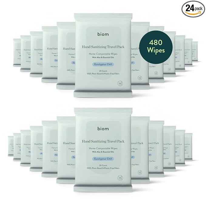 Biom Hand Sanitizing Wipes - Travel Size 24 pack(480 Wipes) 65% Ethanol Alcohol, Kills 99.9% of Germs, Removes Dirt & Grime, Made of Plant-Based & Plastic Free Fibers, Hypoallergenic -Eucalyptus Chill