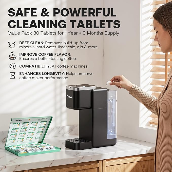 Tastyle Mini Hot and Iced Coffee Maker with 30 Descaler Cleaner Tablets, Single Serve Coffee Maker for K Cup and Grounds, 6 to 14 Oz Brew Sizes