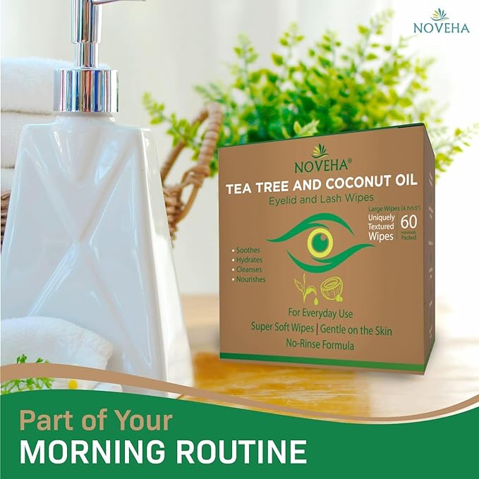 NOVEHA 360PCs Tea Tree & Coconut Oil Eyelid & Lash Wipes | For Demodex, Blepharitis & Itchy Eyes, Box Of 60 Individually Wrapped Eyelash Wipes With Aloe Vera, Natural Makeup Remover