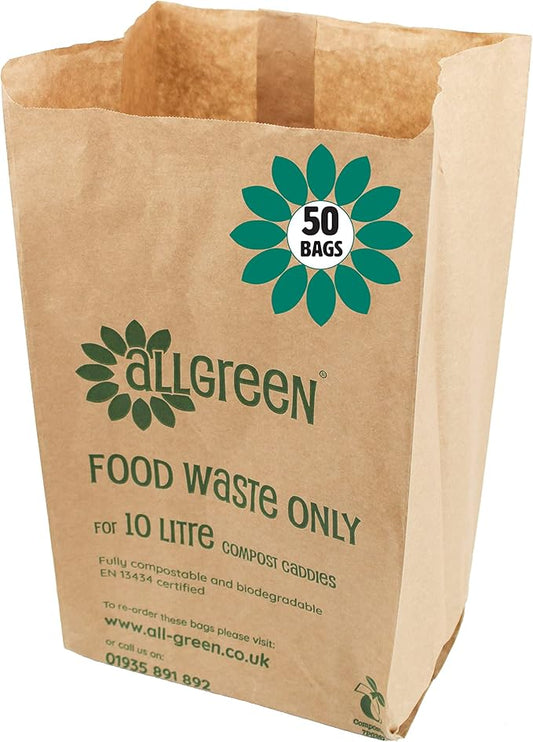 All-Green 10 Litre Paper Compostable Caddy Bin Liners with 50 Bags, Brown