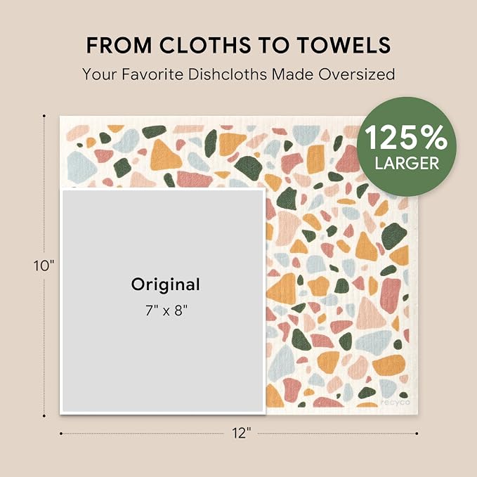 RECYCO Swedish Dishcloths for Kitchen | 4 Pack Oversized Washable Dish Rags | Large Cellulose Reusable Cleaning Paper Towels | Absorbent Counter Dish Cloth Sponge XL Kitchen Wipes, 12" L x 10" W