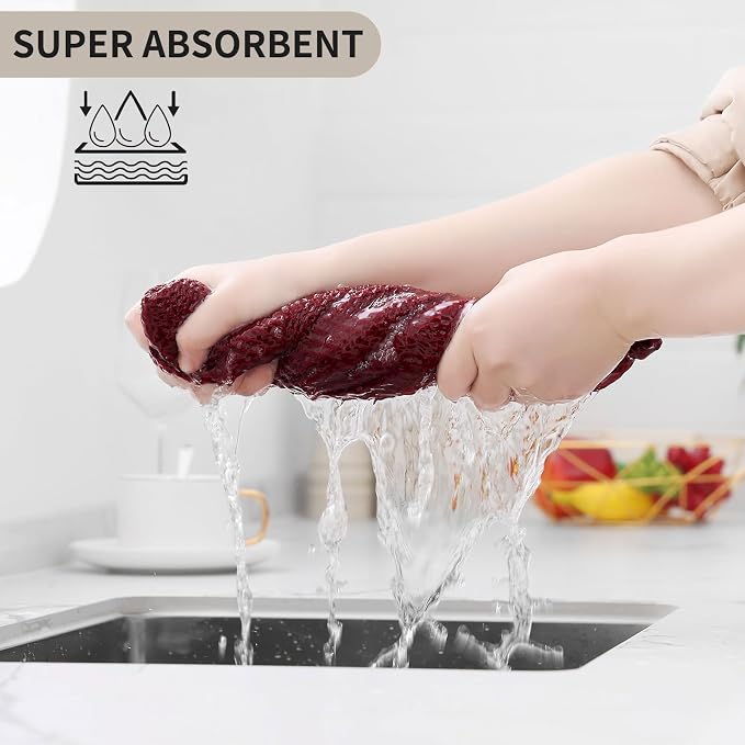 Kitinjoy 100% Cotton Waffle Weave Kitchen Hand Towels (13 X 28 Inches, Burgundy), 4-Pack Super Soft and Absorbent Dish Towel for Drying Dishes
