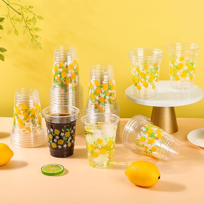 AimFun 100 Pcs Lemon Plastic Cups Summer 12 oz Disposable Party Clear Cups for Tropical Luau Party Hawaiian Theme Birthday Wedding Bridal Baby Shower Beverage Supplies
