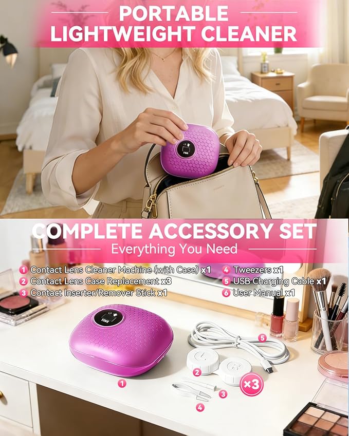 2025 Upgraded Ultrasonic Contact Lens Cleaner【50KHz Germany Super Motor】【Top1 Intelligent Chip-Smart Modes】 Gentle Cleaning & 99% Brightness, Portable Contact Lens Tools Home Travel Use (Purple)