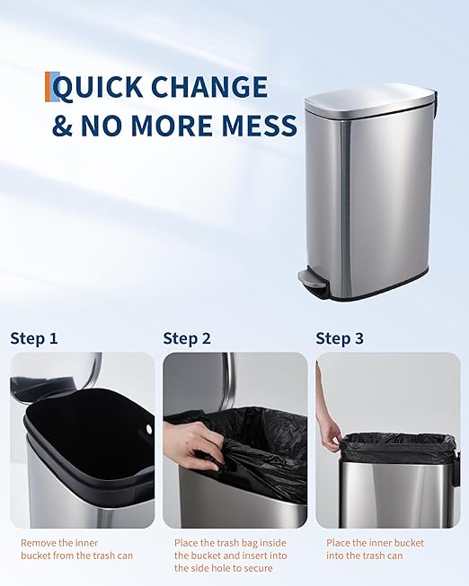 GarveeHome 13 Gal Slim Trash Can, Step Garbage Can with Soft-Close Lid, Stainless Steel Recycling Bin Waste Container with Removable Inner Bucket for Kitchen, Bathroom, Office, Silver