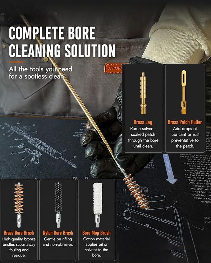 9mm Pistol Basics Single-Caliber Cleaning Kit, Handgun Cleaning kit for .357 .38 with 9mm Gun Snakes in Molle Pouch