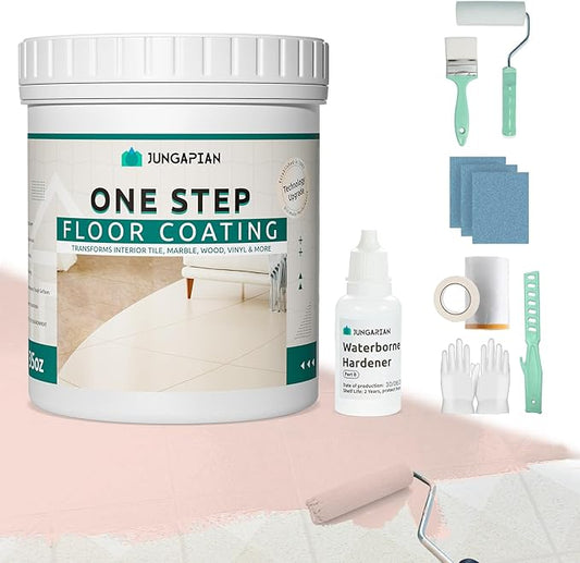 All-In-One Interior Floor Coating Kit, Water-based & Low Odor One-Step Floor Paint, High Hardness Waterproof Paint for Ceramic, Porcelain, Fiberglass, Hardwood, Laminate, Vinyl, 35OZ, Bella Pink