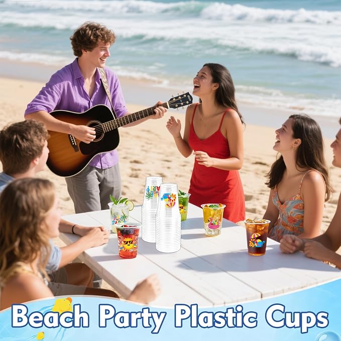 100Pcs Beach Pool Plastic Party Cups, 12oz Summer Disposable Clear Cups for Pool Party, Beach Holiday Party, Birthday Drinking Cups, Hawaiian Luau Supplies Summer Favors (2 Styles)
