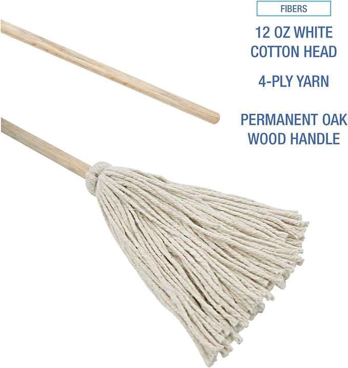Boardwalk Handle/Deck Mops, 12 oz White Cotton Head, 48" Oak Wood Handle, 6/Pack