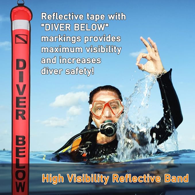4ft Surface Marker Buoy, Hi-Vi Inflatable Scuba Signal Tube with Reflective Strip, Scuba Diving Open Bottom Float (SMB) for Underwater Diving Snorkeling