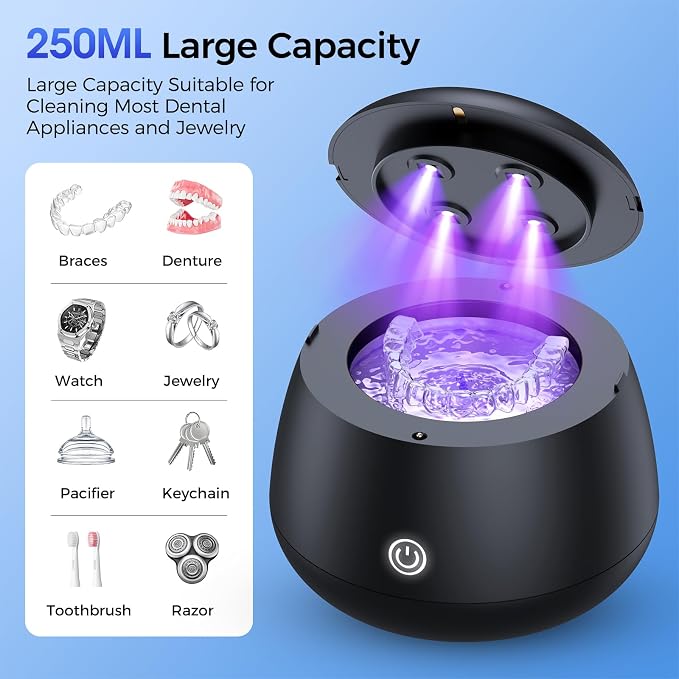 CALOTO Ultrasonic Retainer Cleaner Machine, 52kHz Ultrasonic Denture Cleaner for Night Guards, Braces, Aligner, Toothbrush, Jewelry and More, Dental Cleaning Pod with Digital Timer & 250ML, Black
