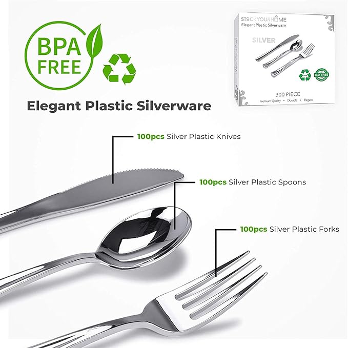 Stock Your Home Silver Plastic Cutlery Set 300 Pack Disposable Silverware Heavy Duty Plastic 100 Forks, 100 Knives, 100 Spoons for Catering Events, Parties, Dinners, Weddings, Receptions, Everyday Use