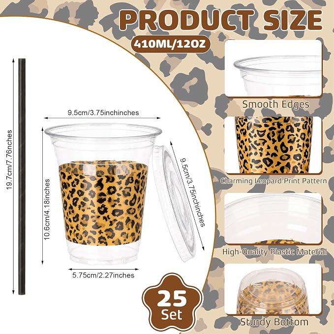 Domensi 25 Sets Leopard Print Plastic Cups with Lids and Paper Straws 12oz Cheetah Animal Disposable Drinking Cups Bulk for Cold Drinks Baby Shower Wedding Jungle Leopard Theme Birthday Party Supplies