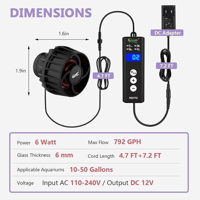 hygger Lite Wave Maker For 10-50 Gallons Aquarium Adjustable Circulation Pump with Magnetic Base Fish Tank DC Powerhead for Coral Reef and Freshwater Up to 792 GPH