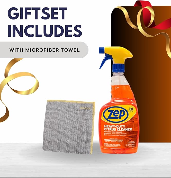 Zep Heavy Duty Citrus Degreaser Spray 32 oz Bundle with Microfiber Cloth - Powerful Grease Remover for Kitchen, Stovetops, and Appliances - Versatile Multi-Surface Cleaner - (2 Items)