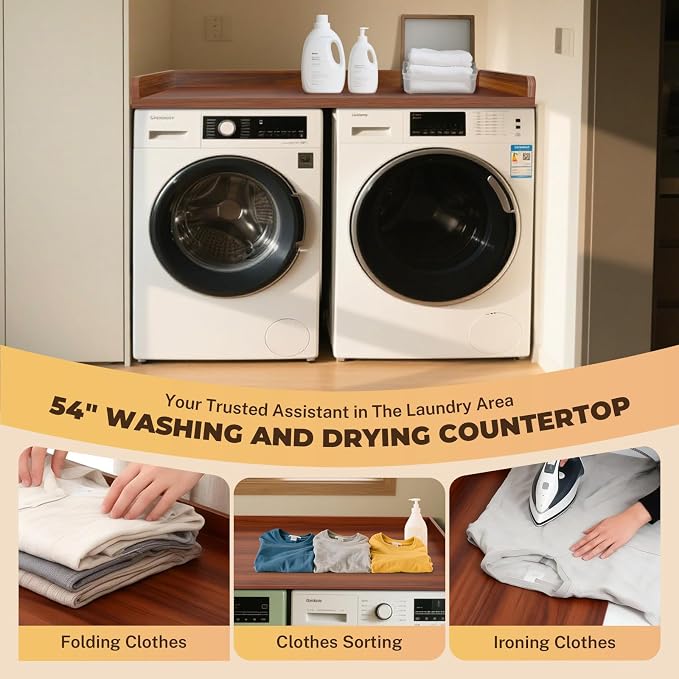 FAHKNS Washer Dryer Countertop - Wood Laundry Washer Dryer Topper with Anti-Slip Mat, 54" Width Waterproof Laundry Room Organization, Light & Save Space, Walnut