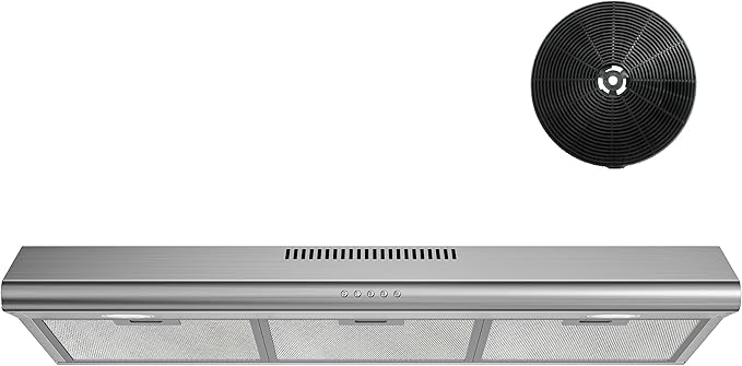 FIREGAS Under Cabinet Range Hood 36 inch with Ducted/Ductless Convertible, Slim Kitchen Vent Hood, LED Light, 3 Speed Exhaust Fan, Reusable Aluminum Filter, Push Button,Charcoal Filter