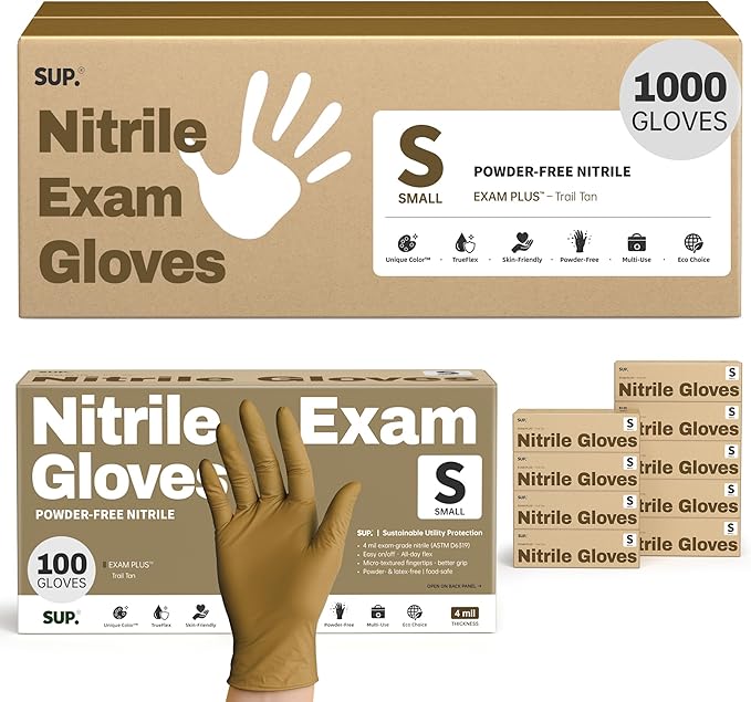 SUP Nitrile Exam Gloves, Powder-Free Latex-Free Food Safe Food Prep BBQ Cooking Cleaning Medical Disposable Glove, Tan 1000Ct