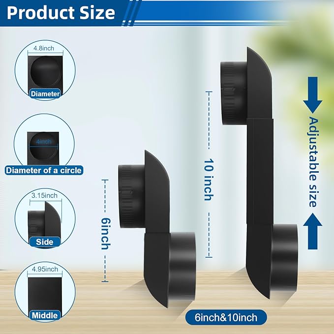 Periscope Dryer Vent, 6.5" to 12" Two Fixed Sizes, Stainless Steel Flat Slim Duct with Black Coating, Vent Kit for Tight Space, Includes 4" Adapter&Foil Tape 2 adjustable fixing clamps,OEM Upgraded