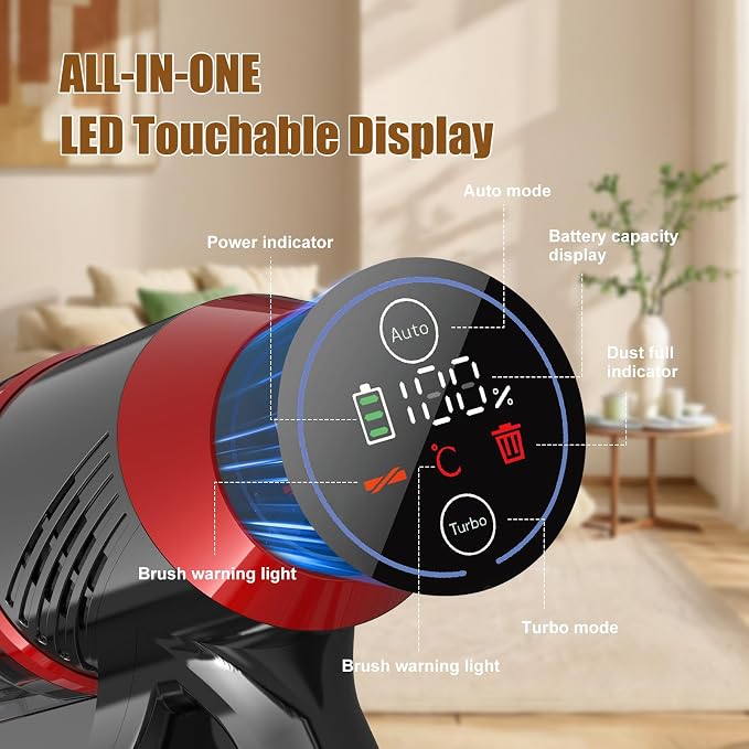 Cordless Vacuum Cleaner Upgraded 200W 45Mins Rechargeable with 3 Suction Modes Anti-Tangle Wireless Vacumm with Touch Screen LED Light Lightweight Wireless Vacuum for Home Pet Hair Floors Car