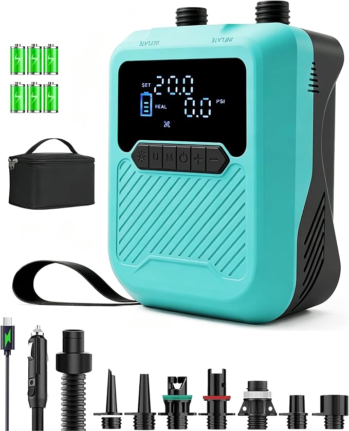 Electric Paddle Board Pump Portable, 20PSI High Pressure SUP Air Pump with Intelligent Dual Stage Inflation, Deflation & Auto-Off Function, Rechargeable Battery & 120W 12V DC Inflator for Kayak Boat