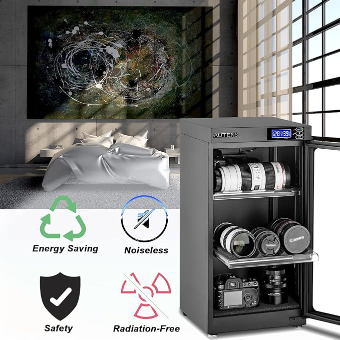 50L Dehumidifying Dry Cabinet Box, Digital Control Noiseless and Energy Saving, 3 Layers for DSLR SLR Camera Lens and Electronic Equipment Storage,Temperature Humidity LED Dual Screen