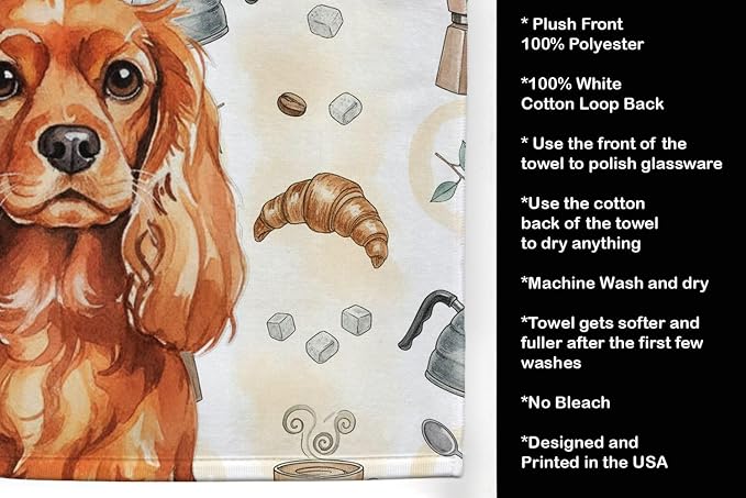 Caroline's Treasures Ruby English Toy Spaniel Coffee Bar Kitchen Towel Velour Plush Front and Cotton Loop Back Machine Washable
