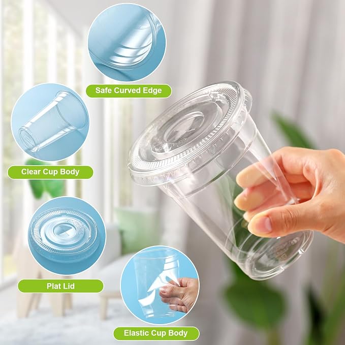 TashiBox plastic cups with lids [20 oz 100cups&100flat lids],Clear Crystal disposable plastic cups,smoothie cups