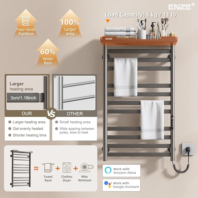 ENZE Smart Heated Towel Rack, 11-Bar Wall-Mounted Electric Towel Warmer with Shelf, Wi-Fi App Control, Adjustable Temperature & 24H Timer, Low Carbon Steel, IPX5, Plug-in/Hardwired, Gray