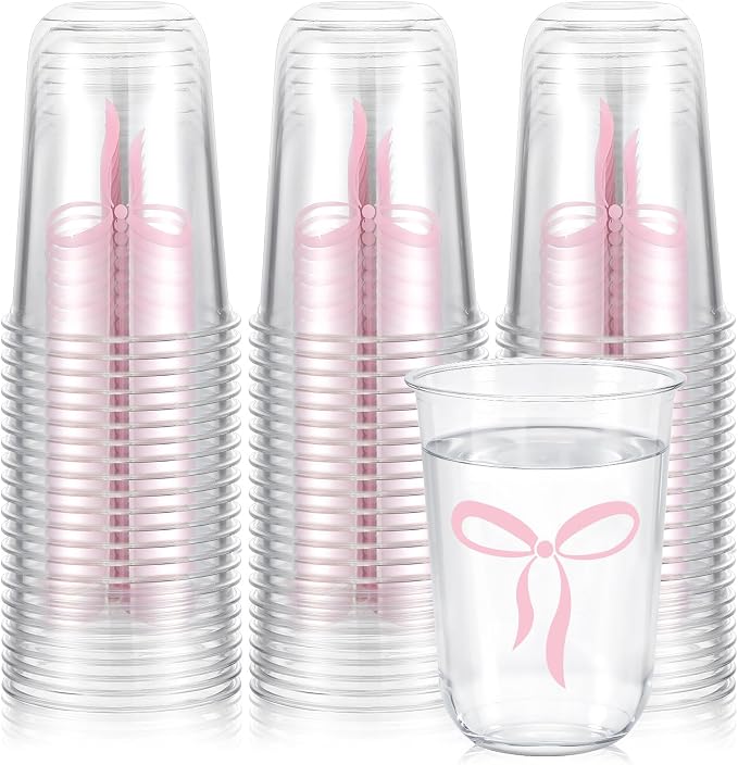 Ziliny 50 Pcs 16oz Cute Pink Bow Cups Birthday Party Decorations Supplies Disposable Plastic Cups for Bachelorette Party Valentines Galentines Day Christmas Wedding Baby Shower