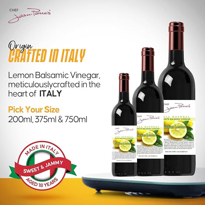 Chef Jean Pierre's Italian Balsamic Vinegar - 375ml (12.5oz) Rich Lemon Flavor, 12-Years Traditional Barrel Aged - Ideal For Enhancing Your Meals