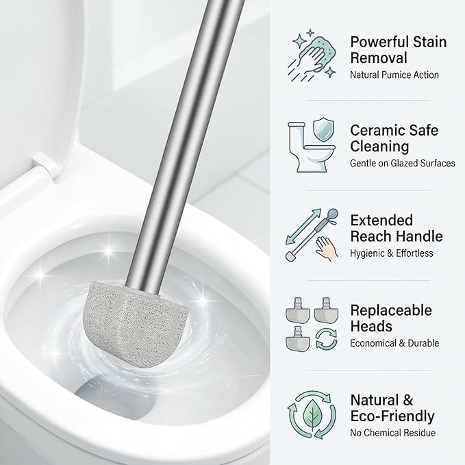 8-Pack Pumice Stone Toilet Cleaner with Long Handle - Hard Water & Limescale Remover, Non-Scratch Multi-Surface Scrubber, Disposable Refill Heads for Bathroom & Kitchen