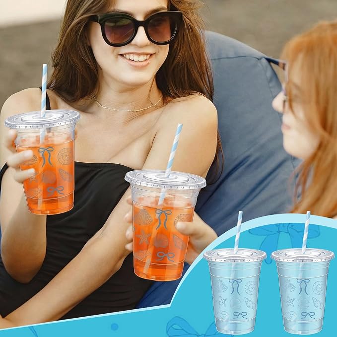 Sliner 50 Pcs 16 oz Coquette Disposable Plastic Cups with Straw for Party Supplies Bow Cups Birthday Wedding Bridal Engagement Party Drinkware Baby Shower Decoration (Blue Bow Starfish and Seashell)