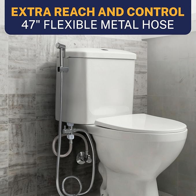 HammerHead Showers Solid Metal Adjustable Pressure Handheld Bidet Sprayer for Toilet, Handheld Bidet Attachment with 47-Inch Hose and Leak-Proof T-Valve, Jet Spray for Toilet, Muslim Shower, Chrome