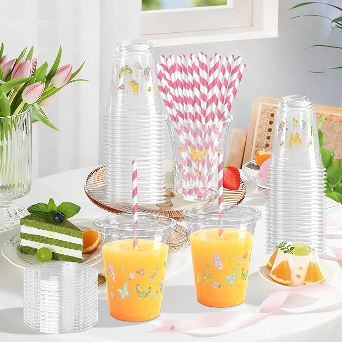 50 Sets Butterfly Plastic Cups with Lids Straws 12 oz Floral Butterfliy Disposable Cups Spring Flower Party Favor Drinking Beverage Cup for Baby Shower Birthday Party Supplies