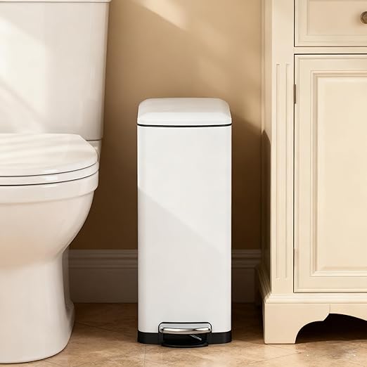 GarveeHome 8 gal Slim Rectangular Stainless Steel Trash Can with Soft Close Lid and Removable Bucket for Kitchen, Bathroom, Office, White